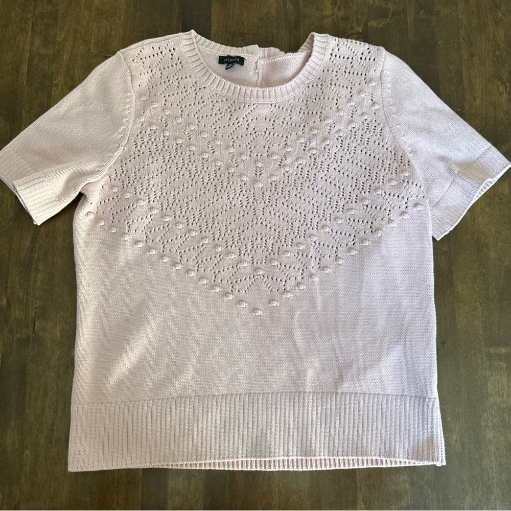 Talbots Knitted Top Pink Ribbed Hem Back Button Short Sleeve Office Size M 💕